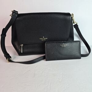 Kate Spade Leila Black Pebbled Leather Flap Shoulder Bag Extra Crossbody Strap